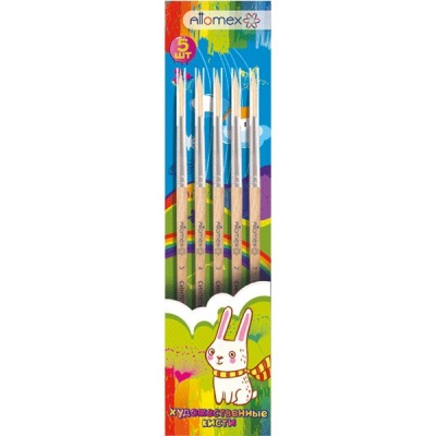 Набор кистей Attomex, 5 шт., синтетика, круглые, № 1, 2, 3, 4, 5, деревянная ручка