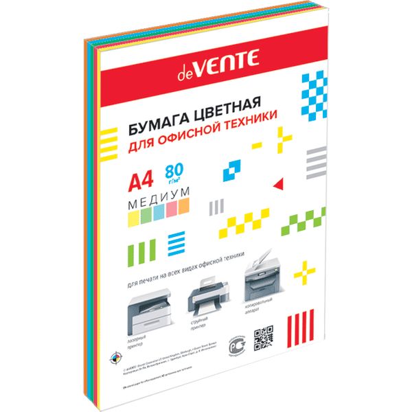Бумага цветная А4/80/250 л., медиум, 5 цветов, deVENTE Бумага цветная А4/80/250 л., медиум, 5 цветов, deVENTE