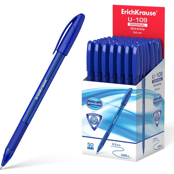 Ручка шариковая синяя, 1.0 мм "игла", эрг. грип, тон. корп., ErichKrause U-109 Stick&Grip Original