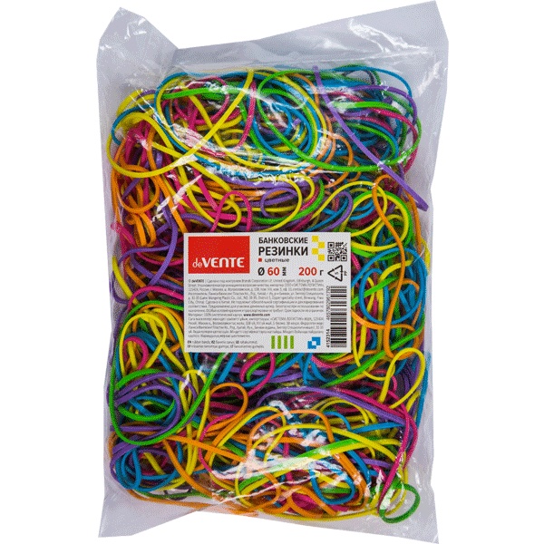 Резинки банковские канцелярские, Ø60 мм, 200 г (п/п), каучук 100%, микс цветов, deVENTE