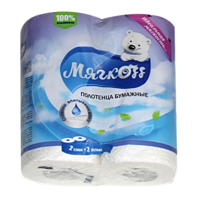 Полотенца бумажные на втулке, 2-сл., 12 м* 220 мм, 50 л., белые, Мягкоff (2 р.)