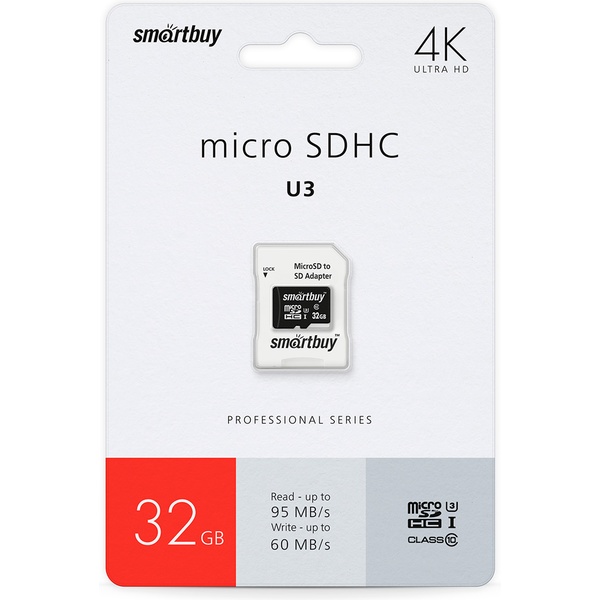 Карта памяти micro SDHC 32 Гб, (class 10) PRO U3 R/W:95/60 MB/s , адаптер, Smartbuy Карта памяти micro SDHC 32 Гб, (class 10) PRO U3 R/W:95/60 MB/s , адаптер, Smartbuy