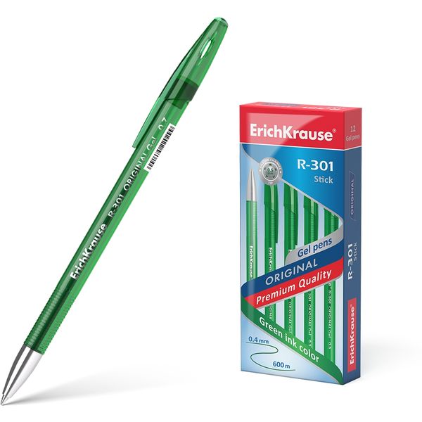 Ручка гелевая зеленая, лин. 0.4 мм, ДП 600 м, рифл. грип, ErichKrause R-301 Gel Stick Original
