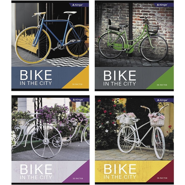 Тетрадь 36 л., клетка, 60 г/м2, обл. мел. картон, Alingar Bike in the city_4 дизайна Тетрадь 36 л., клетка, 60 г/м2, обл. мел. картон, Alingar Bike in the city_4 дизайна