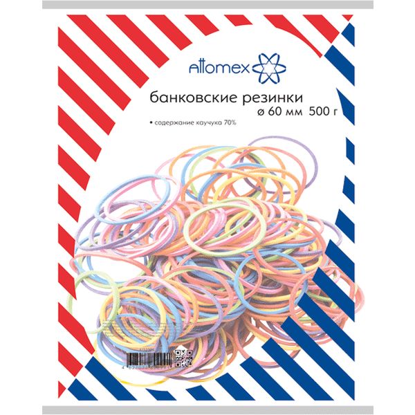 Резинки банковские канцелярские, Ø60 мм, 500 г (п/п), каучук 80%, микс цветов, Attomex
