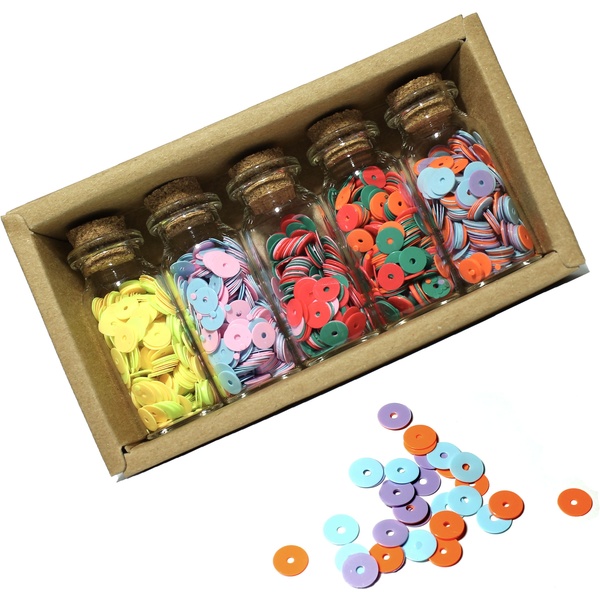 Пайетки круглые, 5 цв. по 7 г, MAYLOTT (стекл. колбы) Акция!