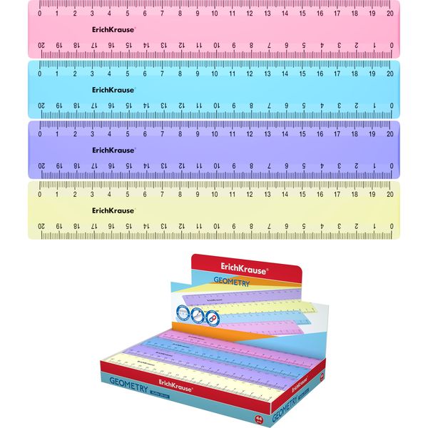 Линейка 20 см, пластиковая, непрозрачная, ассорти 4 цвета, ErichKrause Pastel Линейка 20 см, пластиковая, непрозрачная, ассорти 4 цвета, ErichKrause Pastel