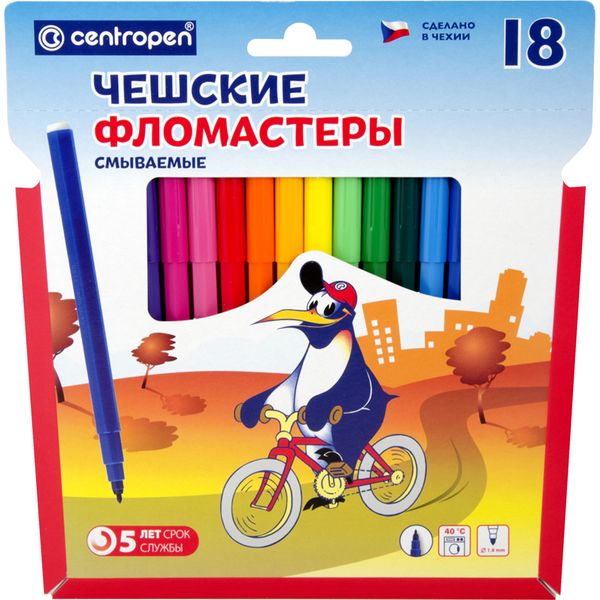 Фломастеры 18 цветов, чернила в/о, вент. колпачок, смываемые, CENTROPEN Пингвины (к/к)