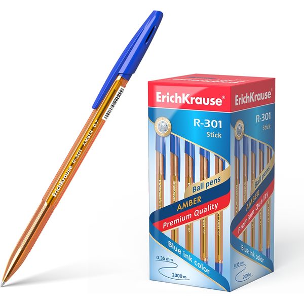 Ручка шариковая синяя, 0.7 мм, рифл. упор, оранж. тон. корп., ErichKrause R-301 Stick Amber Ручка шариковая синяя, 0.7 мм, рифл. упор, оранж. тон. корп., ErichKrause R-301 Stick Amber