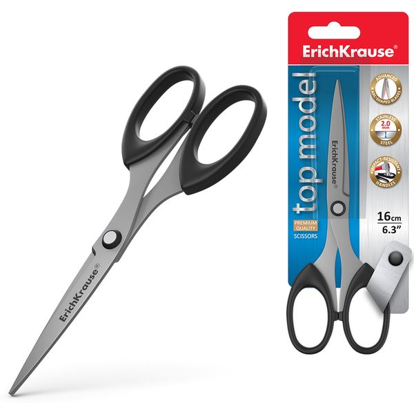 Ножницы 160 мм, классические, пласт. кольца, черные, ErichKrause Top Model