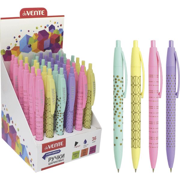 Ручка шариковая автомат., синяя, Ø 0.7 мм, круг. корп., софт-тач, принт, deVENTE Pastel_4 дизайна