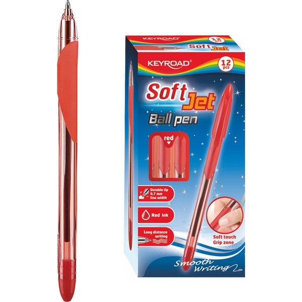Ручка шариковая красная, 0.7 мм, эрг. грип, тон. корп., KEYROAD Soft Jet