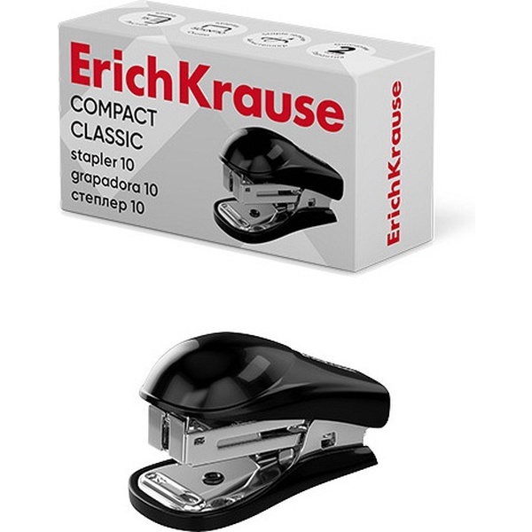 Степлер mini № 10, до 15 л., с антистеплером, ErichKrause Compact Classic_черный