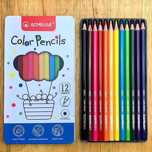 Карандаши цветные 12 шт., деревянные, шестигранные, Acmeliae (в метал. пенале)