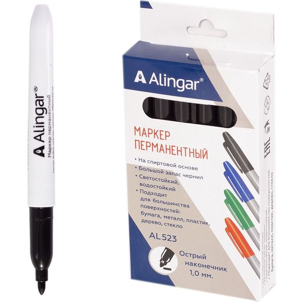 Маркер перманентный, черный, пулевидный, 1-2 мм, Alingar Маркер перманентный, черный, пулевидный, 1-2 мм, Alingar