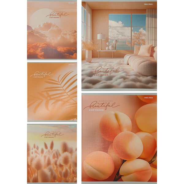 Тетрадь 48 л., клетка, 60 г/м2, обл. мел. картон, глиттер, Prof-Press Peach fuzz_5 дизайнов Тетрадь 48 л., клетка, 60 г/м2, обл. мел. картон, глиттер, Prof-Press Peach fuzz_5 дизайнов