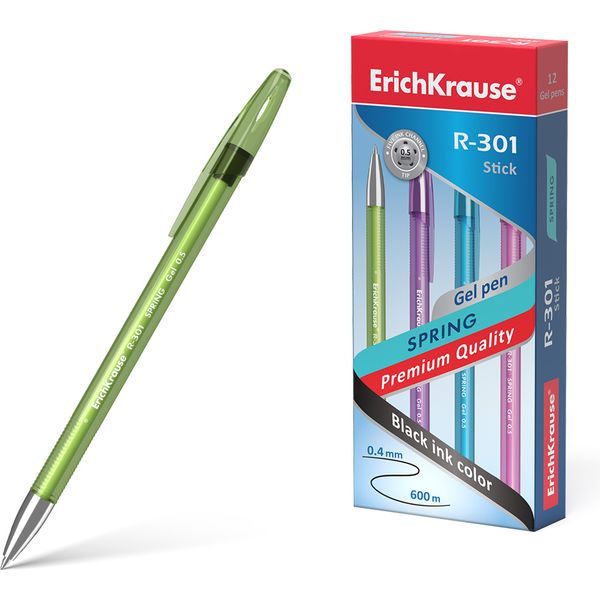 Ручка гелевая черна, Ø 0.5 мм, лин. 0.4 мм, ДП 600 м, рифл. грип, ErichKrause R-301 Gel Stick Spring_4 дизайна