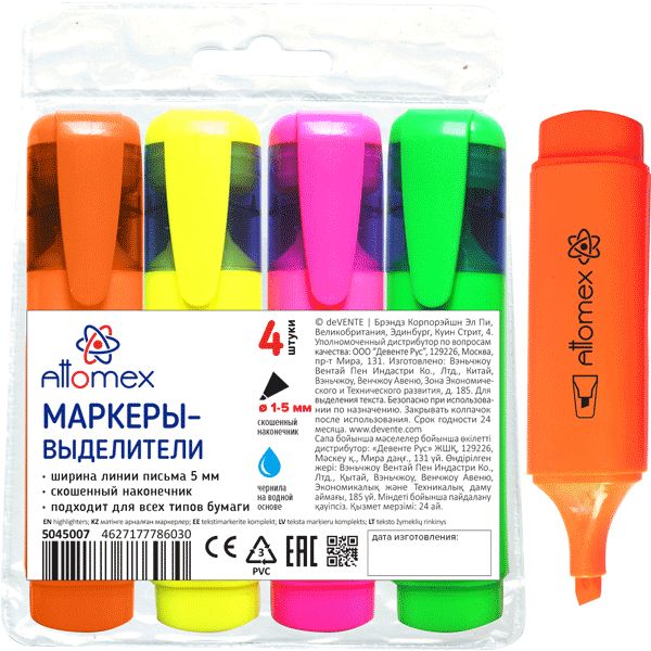 Текстмаркеры 4 цвета, неоновые, ШЛ 1-5 мм, н-к "клин", Attomex