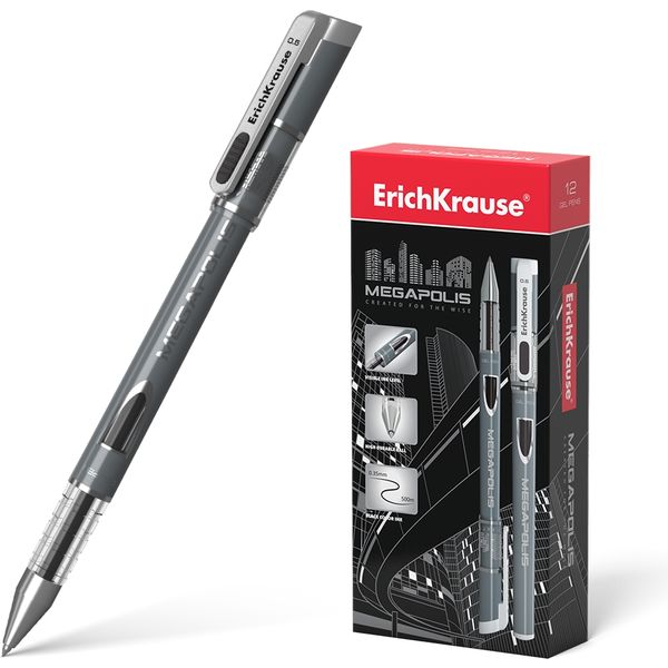 Ручка гелевая черная, Ø 0.5 мм, лин. 0.35 мм, ДП 500 м, рифл. упор, ErichKrause MEGAPOLIS Gel Stick