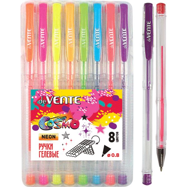 Ручки гелевые, набор 8 шт./8 цв., Ø 0.8 мм, лин. 0.4 мм, deVENTE Cosmo Fluo emotions