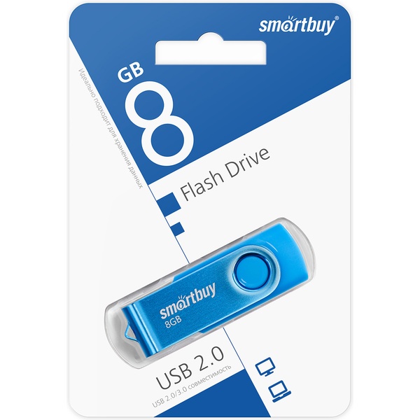 Флеш-накопитель USB 2.0, 8 ГБ, Smartbuy Twist Blue/синий