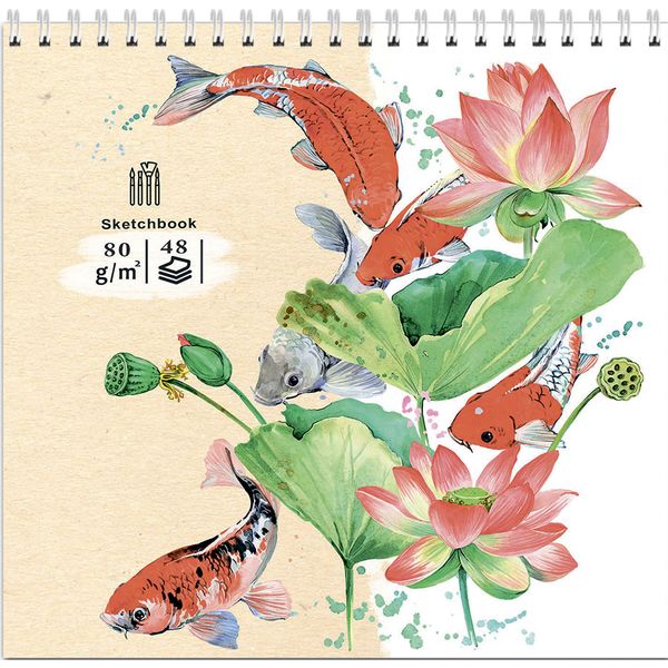 Скетчбук 190*190 мм, на гребне, 48 л., крем. блок 80 г/м², Prof-Press Рыбки и лилии   Акция