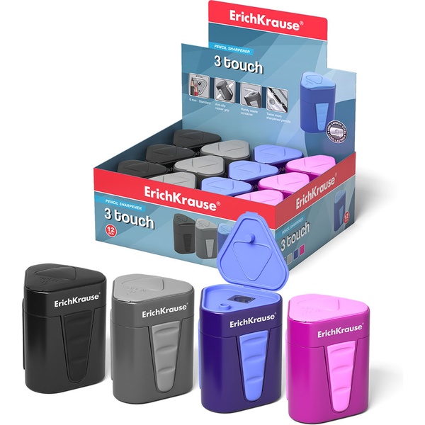 Точилка пластиковая, 1 отв., контейнер, эргогрип, ErichKrause 3-Touch_4 дизайна