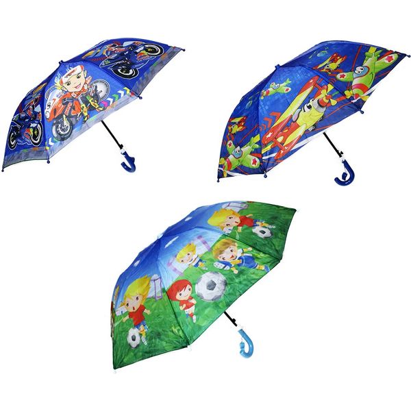 Зонт-трость полуавтомат, Ø85 см, 8 спиц, изогнутая рукоять + свисток, ДЕТСКИЙ Мальчишкам_ассорти