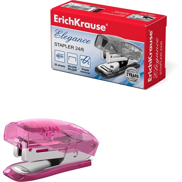 Степлер mini № 24/6 до 20 л. ErichKrause Elegance, полупрозр. пластик, встроен. антистеплер, ассорти Акция!