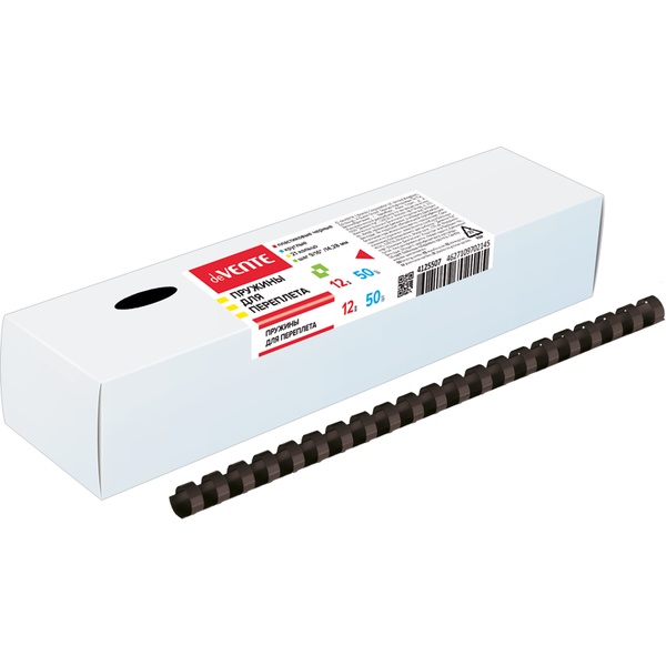 Пружина для переплета пластиковая, Ø12 мм, круглая, сшивает до 80 л., черная, 50 шт/уп, deVENTE