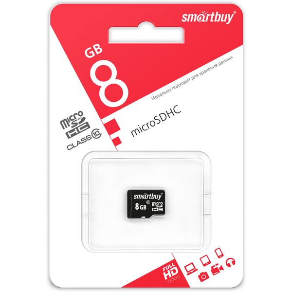 Карта памяти micro SDHC 8 Гб, class 10, R/W: 23/17 Мб/с, без адаптера, Smartbuy