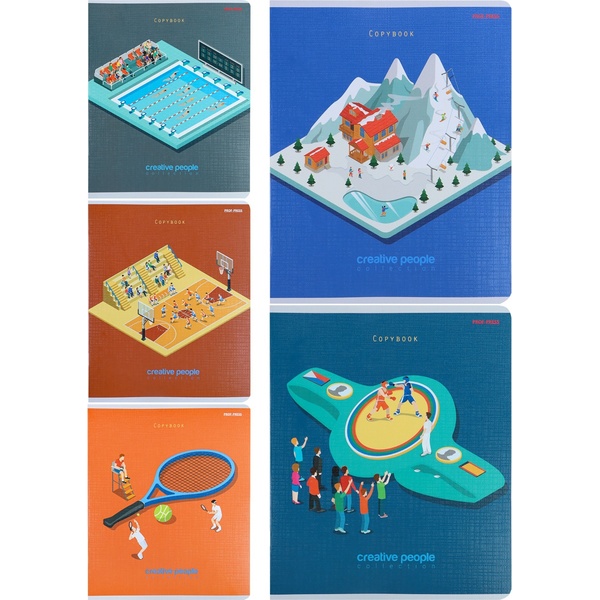 Тетрадь А5, клетка, 48 л., на скобе, 60 г/м², тисн."лен", Prof-Press Спорт и креатив_5 дизайнов