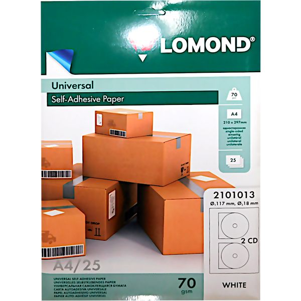 Бумага самоклеящаяся на CD диск, А4, 2 шт. (Ø117 мм), 70 г/м², 25 л., непрозр., белая, LOMOND 