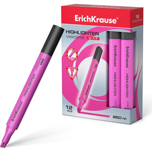 Текстмаркер розовый, неоновый, ШЛ 0.6-4.5 мм, н-к "клин", трехгр. корпус, ErichKrause Visioline V-17