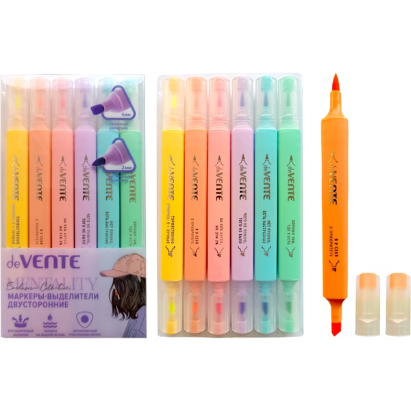Текстмаркеры двусторонние 6 цветов, пастельные, ШЛ 1-4 мм, н-к "кисть"/"клин", deVENTE Mentality