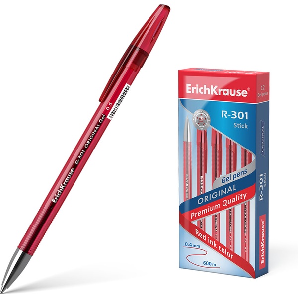 Ручка гелевая красная, лин. 0.4 мм, ДП 600 м, рифл. грип, ErichKrause R-301 Gel Stick Original