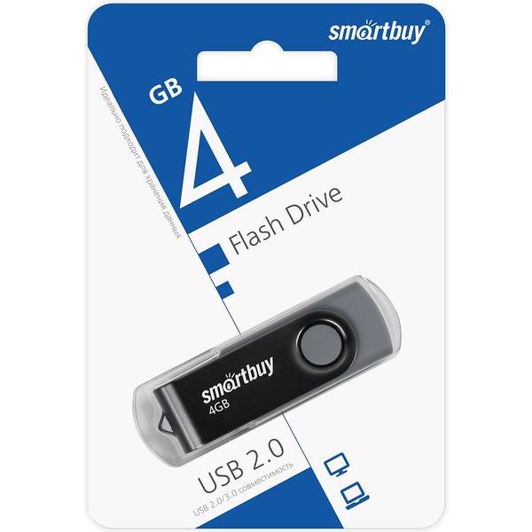 Флеш-накопитель USB 2.0, 4 ГБ, Smartbuy Twist Black-Grey/черно-серый