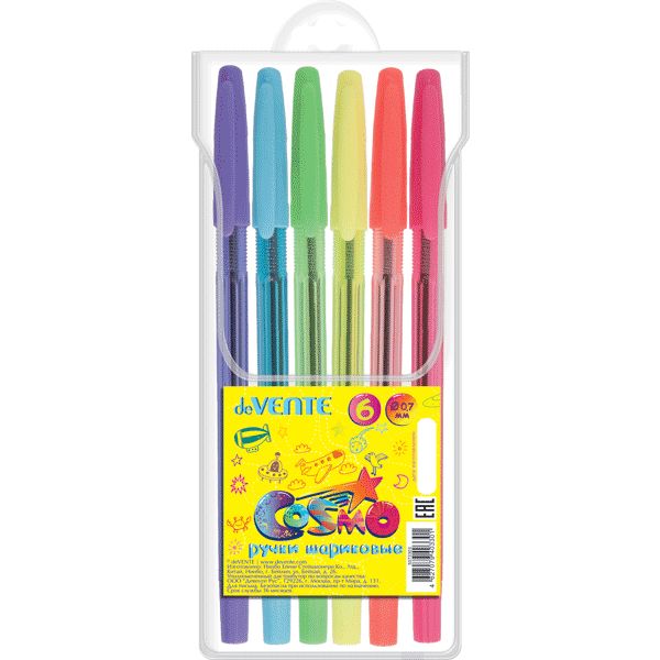 Ручки шариковые, набор 6 шт./6 цв., Ø 0.7 мм, лин. 0.3 мм, рифл. упор, тон. корп., deVENTE Cosmo