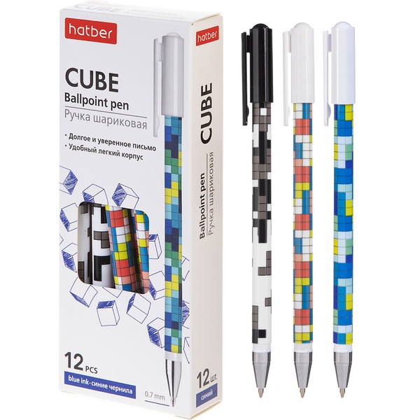 Ручка шариковая, синяя, Ø 0.7 мм, метал. н-к, круг. корп., принт, HATBER Cubes_3 дизайна