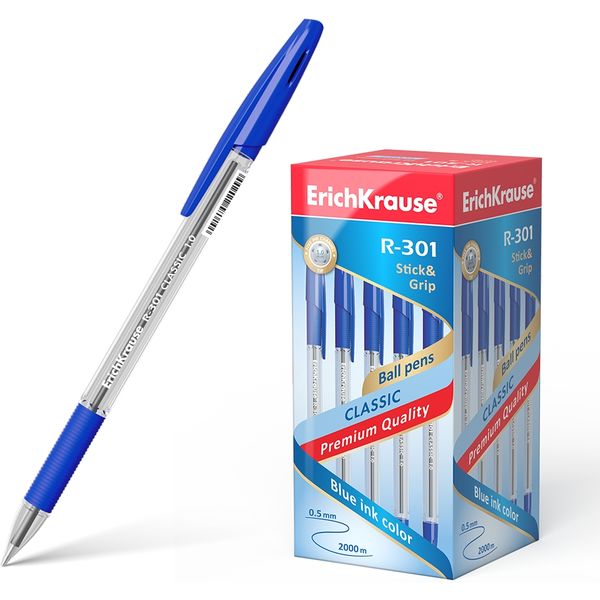 Ручка шариковая синяя, 1.0 мм, эрг. грип, ErichKrause R-301 Stick&Grip Classic