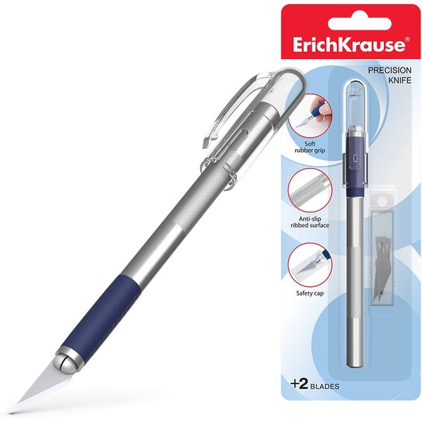 Нож-скальпель канцелярский ErichKrause, металлический с каучук. амортизатором, 2 лезвия, в блистере_Акция!