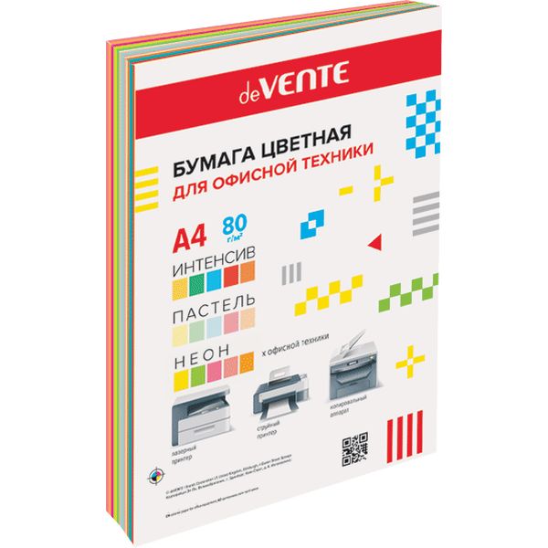 Бумага цветная А4/75-80/60 л., 5 интенсив + 5 пастель + 5 неон, deVENTE MIX15