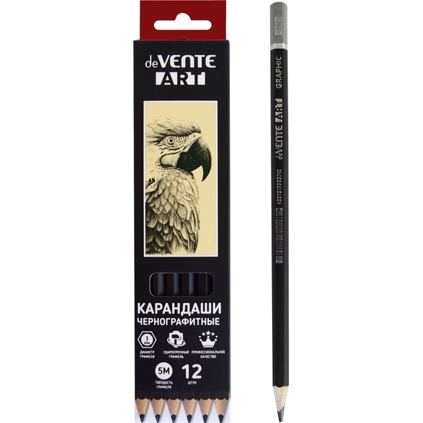 Карандаш чернографитный, 5М/5В, деревянный, шестигранный, черный, deVENTE Art