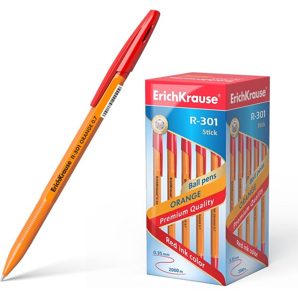 Ручка шариковая красная, 0.7 мм, узел Standard, грип, ErichKrause R-301 Stick Orange