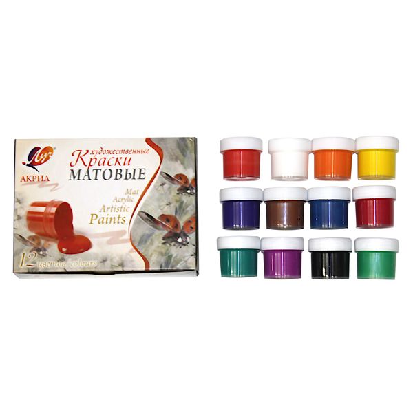Краски акриловые художественные ЛУЧ, 12 цветов (матовые), банка 20 мл, в к/к