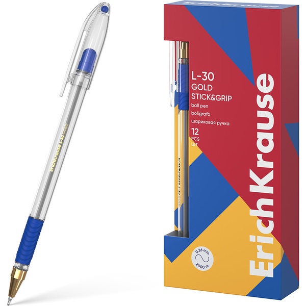 Ручка шариковая синяя, 0.7 мм "игла", эрг. грип, метал. н-к, ErichKrause L-30 Gold Stick&Grip Classic