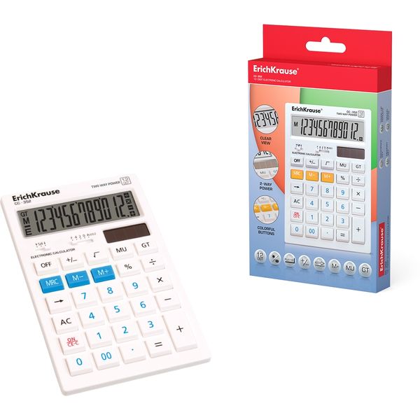 Калькулятор базовый ErichKrause White CC-3, 12-разряд., ЖК, 1 яч. памяти, дв. питание, 00, →, белый