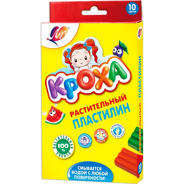 Пластилин растительный ЛУЧ Кроха: 10 цветов, брусок 16 г, стек (к/к)