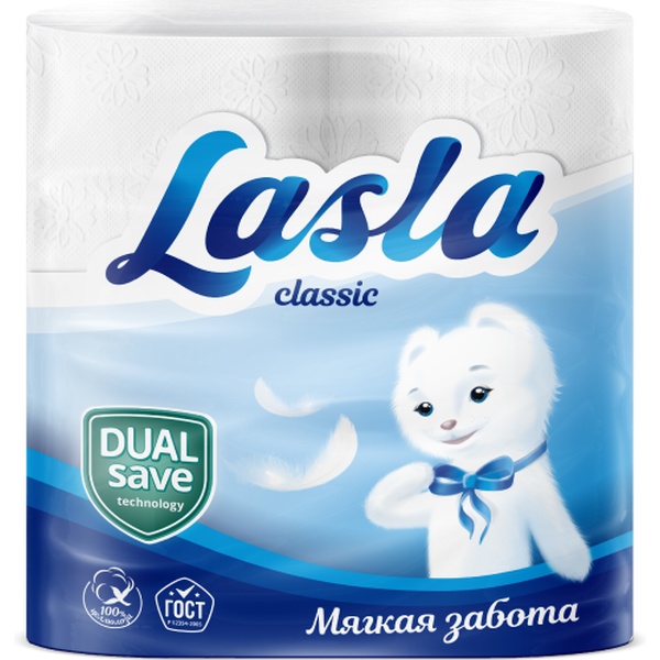 Бумага туалетная на втулке, 2-сл., 15 м* 95 мм, перфор., тисн., белая, Lasla Classic (4 шт.)