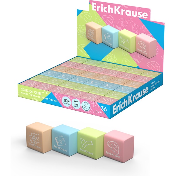Ластик ErichKrause Школьные кубы, TPR (Dust Free), квадратный, 22*22*17 мм, 4 дизайна